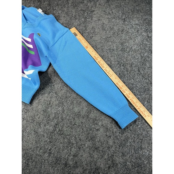 Vintage 70s Lacoste Sweater Mens Medium Blue Purple Geometric Print V Neck Gator - Picture 8 of 8